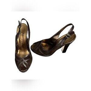 Vintage y2k  Cole Haan Brown High Heels Gold Buckle  Slingback Shoes Peep Toe